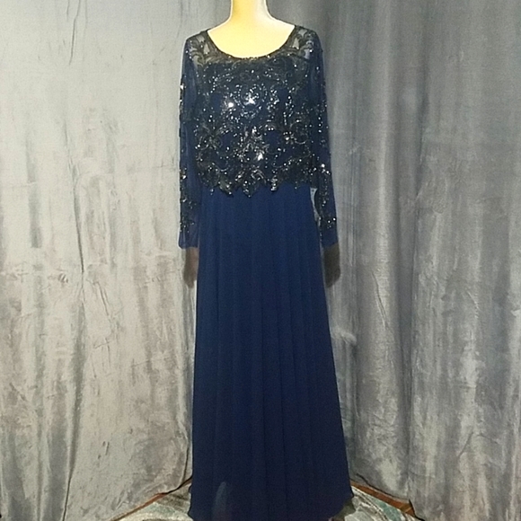 Long Sleeve Beaded Bodice Chiffon Gown 